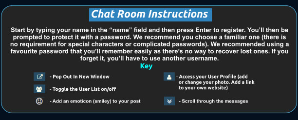 Chat room instructions: type your name and press Enter to register, then set a password. Icons: pop out in new window, toggle the user list, add an emoticon, and scroll through messages.